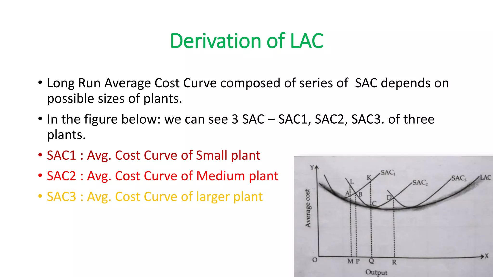Derivation of LAC
• Long Run Average Cost Curve composed of series of SAC depends on
possible sizes of plants.
• In the figure below: we can see 3 SAC – SAC1, SAC2, SAC3. of three
plants.
• SAC1 : Avg. Cost Curve of Small plant
• SAC2 : Avg. Cost Curve of Medium plant
• SAC3 : Avg. Cost Curve of larger plant
 