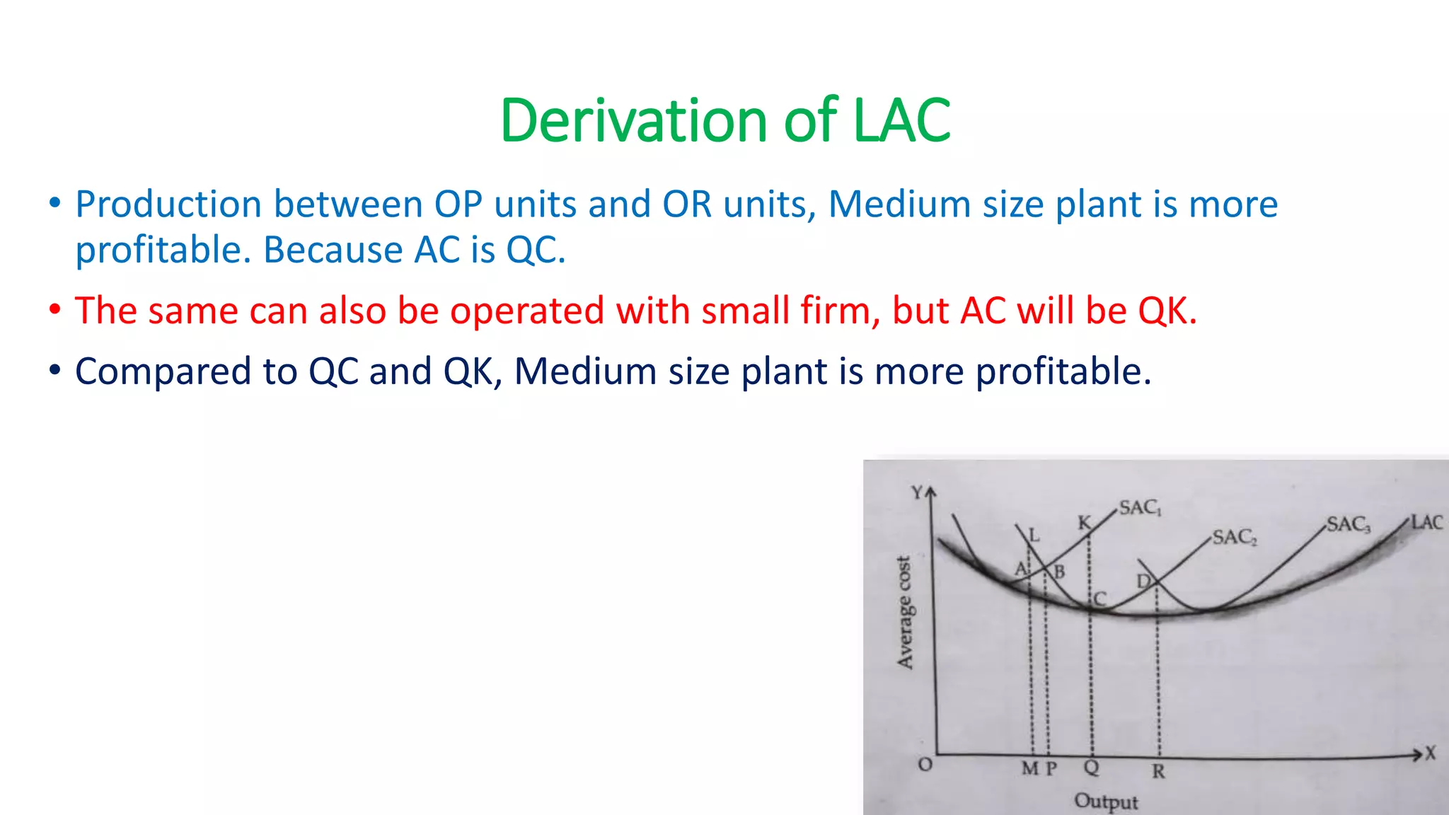 Derivation of LAC
• Production between OP units and OR units, Medium size plant is more
profitable. Because AC is QC.
• The same can also be operated with small firm, but AC will be QK.
• Compared to QC and QK, Medium size plant is more profitable.
 