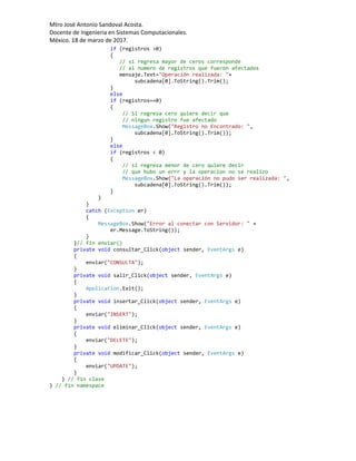 Mtro José Antonio Sandoval Acosta.
Docente de Ingeniería en Sistemas Computacionales.
México. 18 de marzo de 2017.
if (registros >0)
{
// si regresa mayor de ceros corresponde
// al numero de registros que fueron afectados
mensaje.Text="Operación realizada: "+
subcadena[0].ToString().Trim();
}
else
if (registros==0)
{
// Si regresa cero quiere decir que
// ningun registro fue afectado
MessageBox.Show("Registro no Encontrado: ",
subcadena[0].ToString().Trim());
}
else
if (registros < 0)
{
// si regresa menor de cero quiere decir
// que hubo un errr y la operacion no se realizo
MessageBox.Show("La operación no pudo ser realizada: ",
subcadena[0].ToString().Trim());
}
}
}
catch (Exception er)
{
MessageBox.Show("Error al conectar con Servidor: " +
er.Message.ToString());
}
}// fin enviar()
private void consultar_Click(object sender, EventArgs e)
{
enviar("CONSULTA");
}
private void salir_Click(object sender, EventArgs e)
{
Application.Exit();
}
private void insertar_Click(object sender, EventArgs e)
{
enviar("INSERT");
}
private void eliminar_Click(object sender, EventArgs e)
{
enviar("DELETE");
}
private void modificar_Click(object sender, EventArgs e)
{
enviar("UPDATE");
}
} // fin clase
} // fin namespace
 