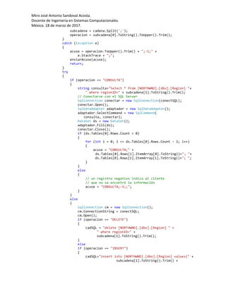 Mtro José Antonio Sandoval Acosta.
Docente de Ingeniería en Sistemas Computacionales.
México. 18 de marzo de 2017.
subcadena = cadena.Split(';');
operacion = subcadena[0].ToString().ToUpper().Trim();
}
catch (Exception e)
{
acuse = operacion.ToUpper().Trim() + ";-1;" +
e.StackTrace + ";";
enviarAcuse(acuse);
return;
}
try
{
if (operacion == "CONSULTA")
{
string consulta="Select * from [NORTHWND].[dbo].[Region] "+
" where regionID=" + subcadena[1].ToString().Trim();
// Conectarse con el SQL Server
SqlConnection conectar = new SqlConnection(conectSQL);
conectar.Open();
SqlDataAdapter adaptador = new SqlDataAdapter();
adaptador.SelectCommand = new SqlCommand(
consulta, conectar);
DataSet ds = new DataSet();
adaptador.Fill(ds);
conectar.Close();
if (ds.Tables[0].Rows.Count > 0)
{
for (int i = 0; i <= ds.Tables[0].Rows.Count - 1; i++)
{
acuse = "CONSULTA;" +
ds.Tables[0].Rows[i].ItemArray[0].ToString()+"; "+
ds.Tables[0].Rows[i].ItemArray[1].ToString()+"; ";
}
}
else
{
// un registro negativo indica al cliente
// que no se encontró la información
acuse = "CONSULTA;-1;;";
}
}
else
{
SqlConnection cm = new SqlConnection();
cm.ConnectionString = conectSQL;
cm.Open();
if (operacion == "DELETE")
{
cadSQL = "delete [NORTHWND].[dbo].[Region] " +
" where regionID=" +
subcadena[1].ToString().Trim();
}
else
if (operacion == "INSERT")
{
cadSQL="insert into [NORTHWND].[dbo].[Region] values(" +
subcadena[1].ToString().Trim() +
 