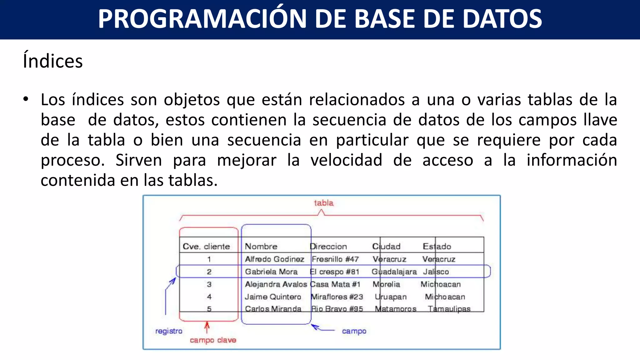 Índices
• Los índices son objetos que están relacionados a una o varias tablas de la
base de datos, estos contienen la secuencia de datos de los campos llave
de la tabla o bien una secuencia en particular que se requiere por cada
proceso. Sirven para mejorar la velocidad de acceso a la información
contenida en las tablas.
PROGRAMACIÓN DE BASE DE DATOS
 