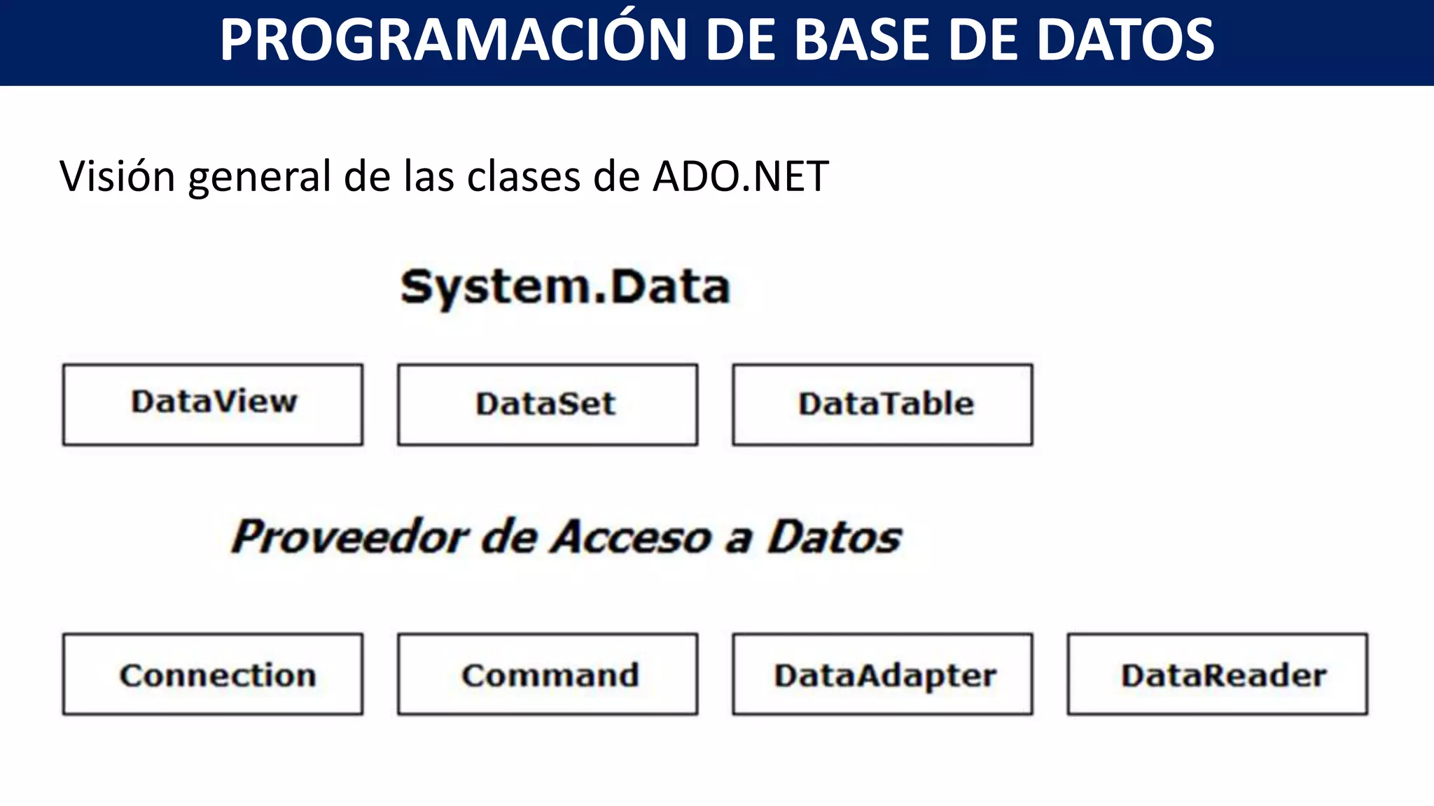 Visión general de las clases de ADO.NET
PROGRAMACIÓN DE BASE DE DATOS
 