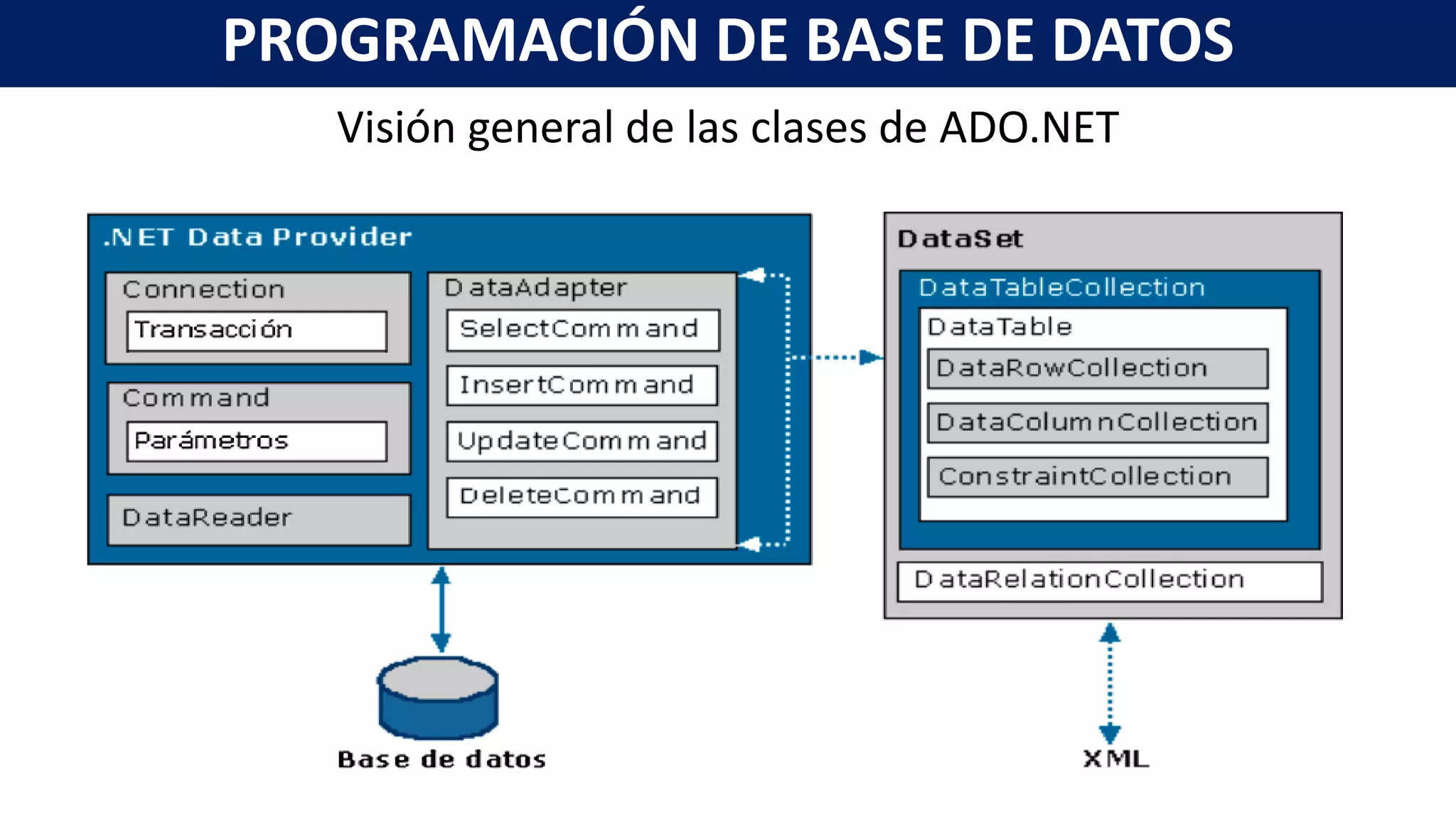 Visión general de las clases de ADO.NET
PROGRAMACIÓN DE BASE DE DATOS
 