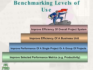 Improve Efficiency Of A Business Unit Improve Performance Of A Single Project Or A Group Of Projects Improve Efficiency Of Overall Project System Improve Selected Performance Metrics (e.g. Productivity) Benchmarking Levels of Use 