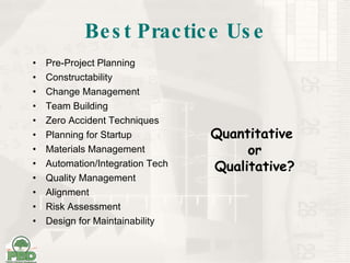 Best Practice Use Pre-Project Planning Constructability Change Management Team Building Zero Accident Techniques Planning for Startup Materials Management Automation/Integration Tech Quality Management Alignment Risk Assessment Design for Maintainability Quantitative  or Qualitative? 