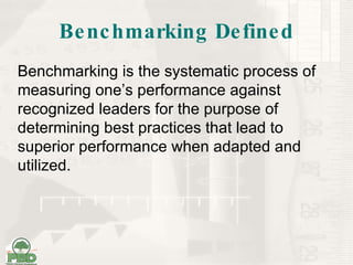 Benchmarking Defined Benchmarking is the systematic process of measuring one’s performance against recognized leaders for the purpose of determining best practices that lead to superior performance when adapted and utilized. 
