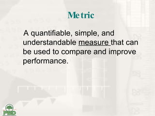 Metric A quantifiable, simple, and understandable  measure  that can be used to compare and improve performance. 