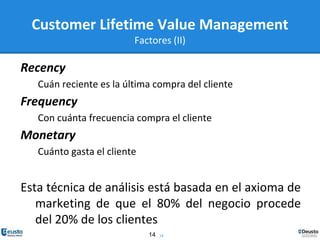 1414
Recency
Cuán reciente es la última compra del cliente
Frequency
Con cuánta frecuencia compra el cliente
Monetary
Cuánto gasta el cliente
Esta técnica de análisis está basada en el axioma de
marketing de que el 80% del negocio procede
del 20% de los clientes
Customer Lifetime Value Management
Factores (II)
 