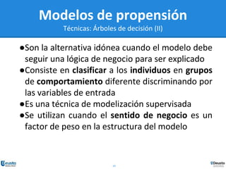 19
Modelos de propensión
Técnicas: Árboles de decisión (II)
●Son la alternativa idónea cuando el modelo debe
seguir una lógica de negocio para ser explicado
●Consiste en clasificar a los individuos en grupos
de comportamiento diferente discriminando por
las variables de entrada
●Es una técnica de modelización supervisada
●Se utilizan cuando el sentido de negocio es un
factor de peso en la estructura del modelo
 