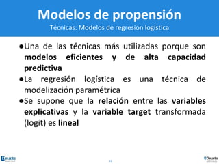 23
Modelos de propensión
Técnicas: Modelos de regresión logística
●Una de las técnicas más utilizadas porque son
modelos eficientes y de alta capacidad
predictiva
●La regresión logística es una técnica de
modelización paramétrica
●Se supone que la relación entre las variables
explicativas y la variable target transformada
(logit) es lineal
 