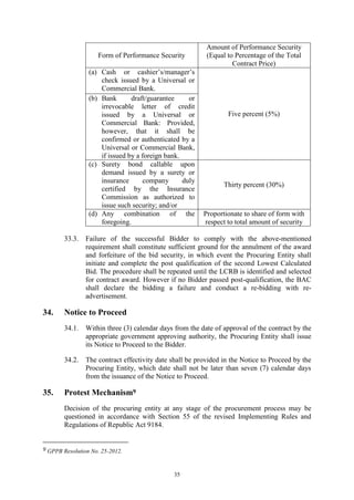 35
Form of Performance Security
Amount of Performance Security
(Equal to Percentage of the Total
Contract Price)
(a) Cash or cashier’s/manager’s
check issued by a Universal or
Commercial Bank.
Five percent (5%)
(b) Bank draft/guarantee or
irrevocable letter of credit
issued by a Universal or
Commercial Bank: Provided,
however, that it shall be
confirmed or authenticated by a
Universal or Commercial Bank,
if issued by a foreign bank.
(c) Surety bond callable upon
demand issued by a surety or
insurance company duly
certified by the Insurance
Commission as authorized to
issue such security; and/or
Thirty percent (30%)
(d) Any combination of the
foregoing.
Proportionate to share of form with
respect to total amount of security
33.3. Failure of the successful Bidder to comply with the above-mentioned
requirement shall constitute sufficient ground for the annulment of the award
and forfeiture of the bid security, in which event the Procuring Entity shall
initiate and complete the post qualification of the second Lowest Calculated
Bid. The procedure shall be repeated until the LCRB is identified and selected
for contract award. However if no Bidder passed post-qualification, the BAC
shall declare the bidding a failure and conduct a re-bidding with re-
advertisement.
34. Notice to Proceed
34.1. Within three (3) calendar days from the date of approval of the contract by the
appropriate government approving authority, the Procuring Entity shall issue
its Notice to Proceed to the Bidder.
34.2. The contract effectivity date shall be provided in the Notice to Proceed by the
Procuring Entity, which date shall not be later than seven (7) calendar days
from the issuance of the Notice to Proceed.
35. Protest Mechanism9
Decision of the procuring entity at any stage of the procurement process may be
questioned in accordance with Section 55 of the revised Implementing Rules and
Regulations of Republic Act 9184.
9 GPPB Resolution No. 25-2012.
 