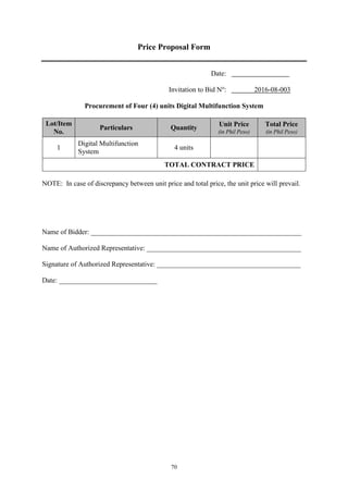 70
Price Proposal Form
Date:
Invitation to Bid No
: 2016-08-003
Procurement of Four (4) units Digital Multifunction System
Lot/Item
No.
Particulars Quantity
Unit Price
(in Phil Peso)
Total Price
(in Phil Peso)
1
Digital Multifunction
System
4 units
TOTAL CONTRACT PRICE
NOTE: In case of discrepancy between unit price and total price, the unit price will prevail.
Name of Bidder: ____________________________________________________________
Name of Authorized Representative: ____________________________________________
Signature of Authorized Representative: _________________________________________
Date: ____________________________
 