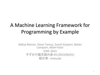 A	
  Machine	
  Learning	
  Framework	
  for	
  
Programming	
  by	
  Example	
  
	
Aditya	
  Menon,	
  Omer	
  Tamuz,	
  Sumit	
  Gulwani,	
  Butler	
  
Lampson,	
  Adam	
  Kalai	
  
ICML	
  2013	
  
すずかけ論文読み会	
  #3	
  (2013/06/01)	
  
紹介者	
  :	
  matsuda	
1	
 