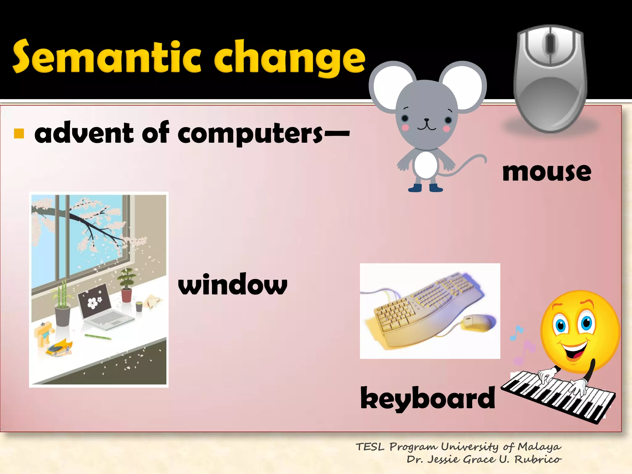    advent of computers—
                                                    mouse


             window


                           keyboard
                           TESL Program University of Malaya
                                   Dr. Jessie Grace U. Rubrico
 