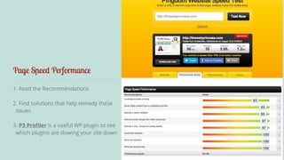 Page Speed Performance 
1. Read the Recommendations 
2. Find solutions that help remedy these 
issues 
3. P3 Profiler is a useful WP plugin to see 
which plugins are slowing your site down 
 