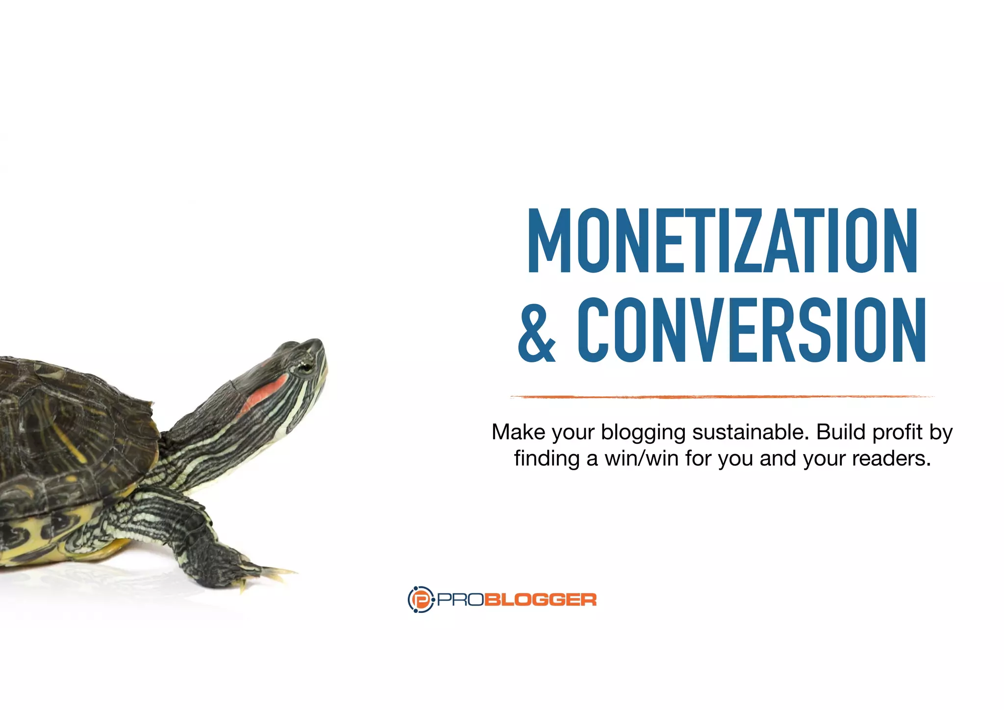 Make your blogging sustainable. Build proﬁt by
ﬁnding a win/win for you and your readers.
MONETIZATION
& CONVERSION
 