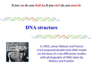 DNA structure
In 1953, James Watson and Francis
Crick proposed double helix DNA model
on the basis of x-ray diffraction studies
with photographs of DNA taken by
Wilkins and Franklin.
If you can do, you shall do; If you can’t do, you must do
 