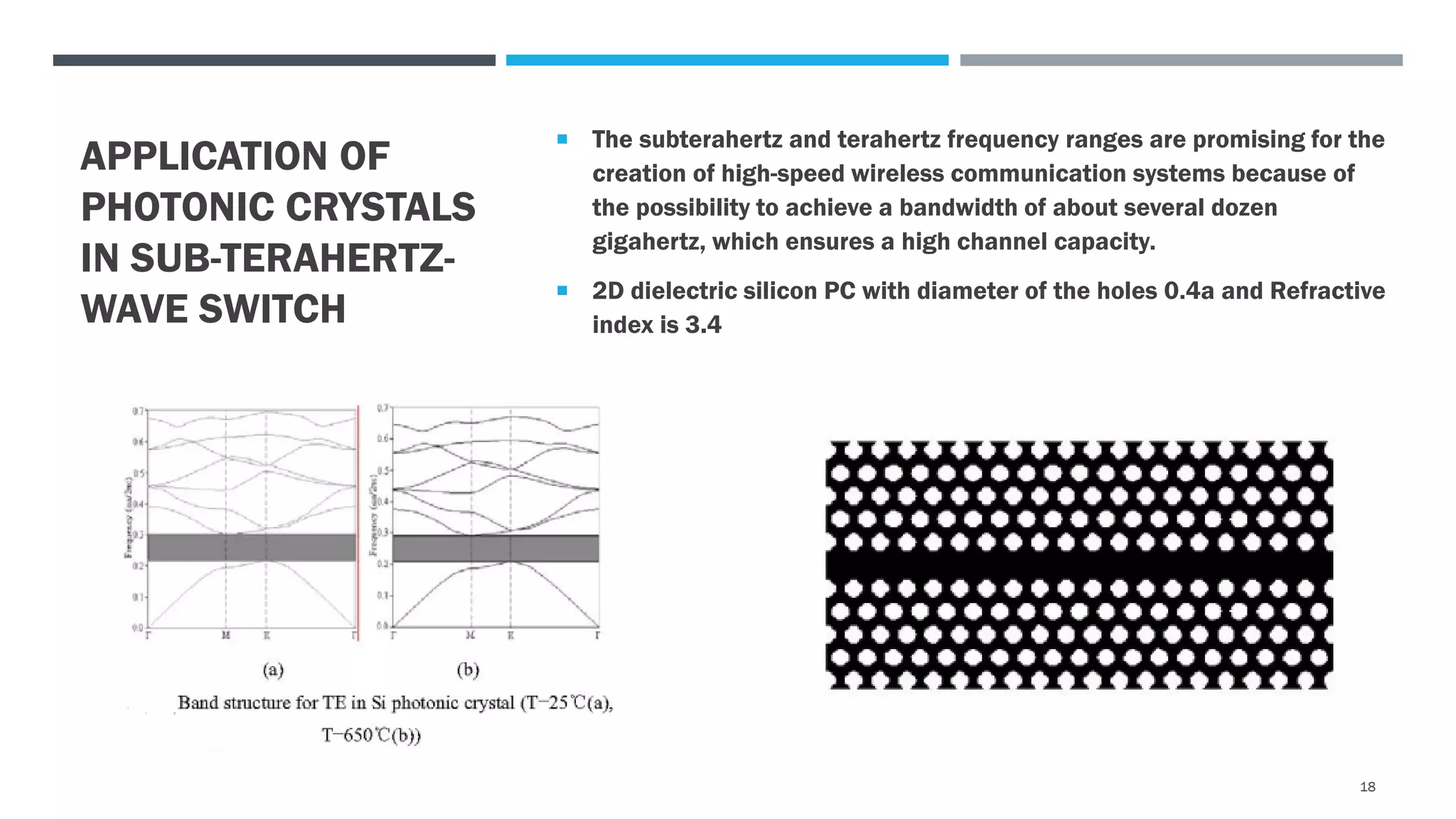 APPLICATION OF
PHOTONIC CRYSTALS
IN SUB-TERAHERTZ-
WAVE SWITCH
 The subterahertz and terahertz frequency ranges are promising for the
creation of high-speed wireless communication systems because of
the possibility to achieve a bandwidth of about several dozen
gigahertz, which ensures a high channel capacity.
 2D dielectric silicon PC with diameter of the holes 0.4a and Refractive
index is 3.4
18
 