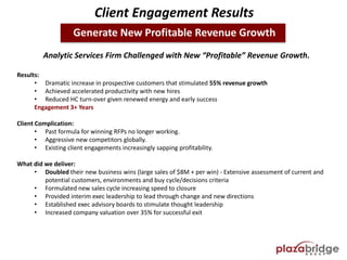 Client Engagement Results
Generate New Profitable Revenue Growth
Analytic Services Firm Challenged with New “Profitable” Revenue Growth.
Results:
• Dramatic increase in prospective customers that stimulated 55% revenue growth
• Achieved accelerated productivity with new hires
• Reduced HC turn-over given renewed energy and early success
Engagement 3+ Years
Client Complication:
• Past formula for winning RFPs no longer working.
• Aggressive new competitors globally.
• Existing client engagements increasingly sapping profitability.
What did we deliver:
• Doubled their new business wins (large sales of $8M + per win) - Extensive assessment of current and
potential customers, environments and buy cycle/decisions criteria
• Formulated new sales cycle increasing speed to closure
• Provided interim exec leadership to lead through change and new directions
• Established exec advisory boards to stimulate thought leadership
• Increased company valuation over 35% for successful exit
 