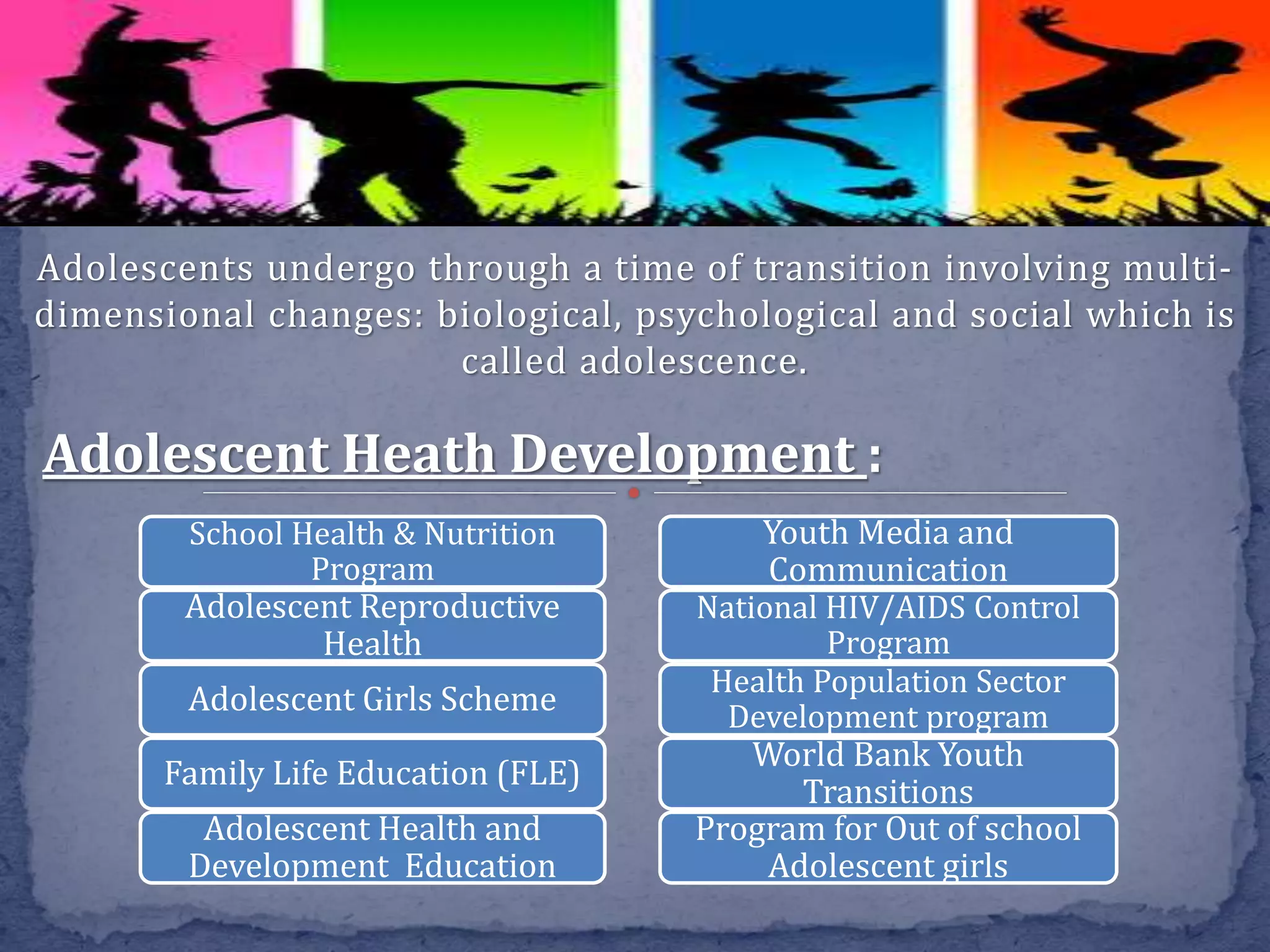 Adolescents undergo through a time of transition involving multi-
dimensional changes: biological, psychological and social which is
called adolescence.
Adolescent Heath Development :
Youth Media and
Communication
National HIV/AIDS Control
Program
Health Population Sector
Development program
World Bank Youth
Transitions
Program for Out of school
Adolescent girls
School Health & Nutrition
Program
Adolescent Reproductive
Health
Adolescent Girls Scheme
Family Life Education (FLE)
Adolescent Health and
Development Education
 