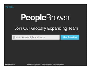 WE ARE...




           Join Our Globally Expanding Team




PeopleBrowsr
    Kred | Playground | API | Enterprise Services | Labs
                                                                    
 