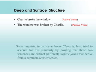 Deep and Surface Structure
• Charlie broke the window. (Active Voice)
• The window was broken by Charlie. (Passive Voice)
Some linguists, in particular Noam Chomsky, have tried to
account for this similarity by positing that these two
sentences are distinct (different) surface forms that derive
from a common deep structure.
 