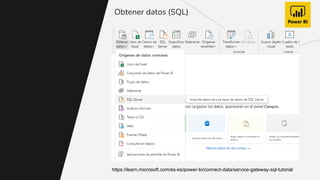 Obtener datos (SQL)
https://learn.microsoft.com/es-es/power-bi/connect-data/service-gateway-sql-tutorial
 