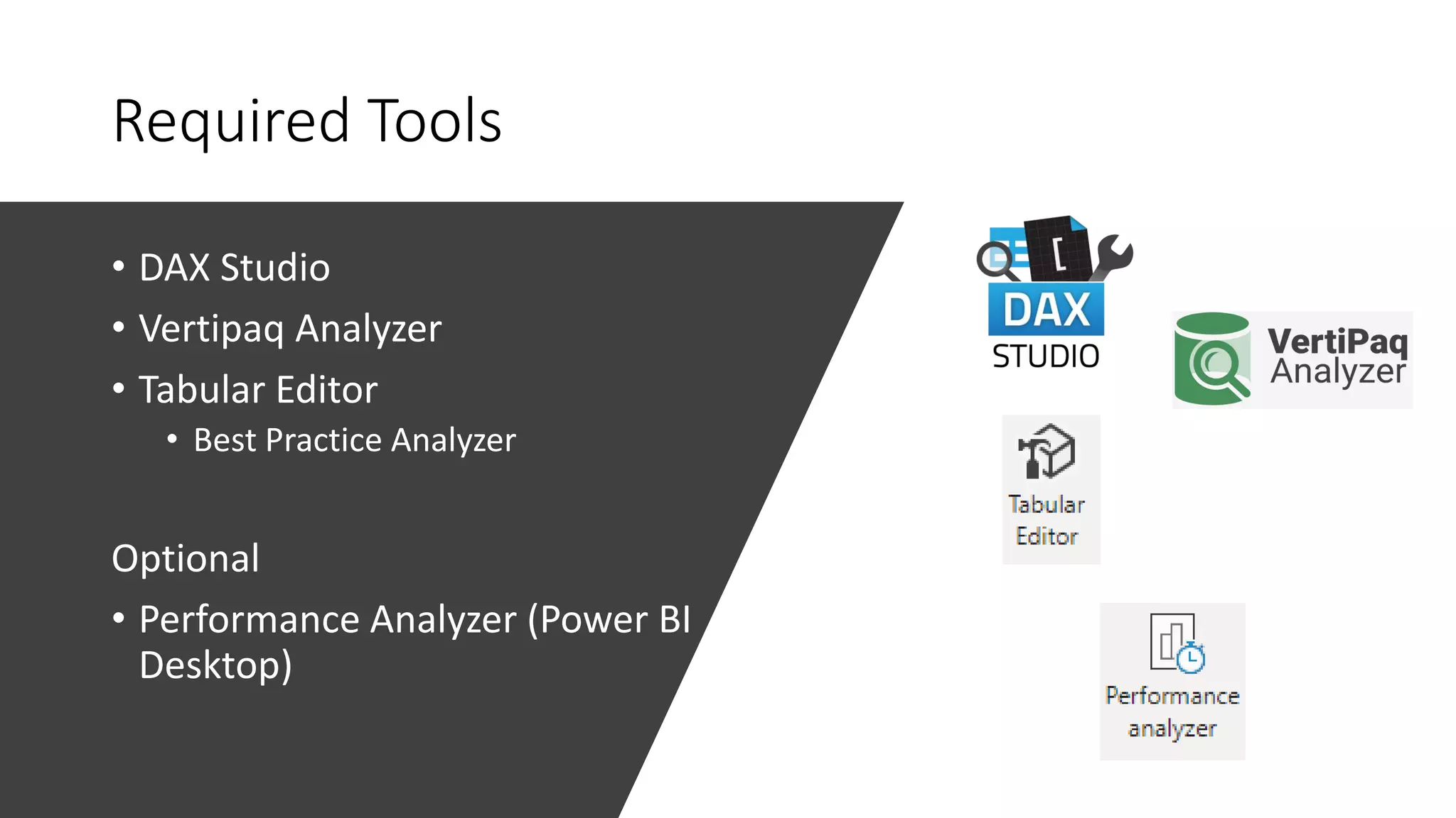 Required Tools
• DAX Studio
• Vertipaq Analyzer
• Tabular Editor
• Best Practice Analyzer
Optional
• Performance Analyzer (Power BI
Desktop)
 
