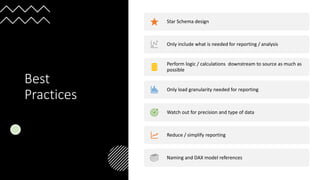 Best
Practices
Star Schema design
Only include what is needed for reporting / analysis
Perform logic / calculations downstream to source as much as
possible
Only load granularity needed for reporting
Watch out for precision and type of data
Reduce / simplify reporting
Naming and DAX model references
 