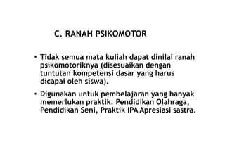 C. RANAH PSIKOMOTOR 
• Tidak semua mata kuliah dapat dinilai ranah 
psikomotoriknya (disesuaikan dengan 
tuntutan kompetensi dasar yang harus 
dicapai oleh siswa). 
• Digunakan untuk pembelajaran yang banyak 
memerlukan praktik: Pendidikan Olahraga, 
Pendidikan Seni, Praktik IPA Apresiasi sastra. 
 