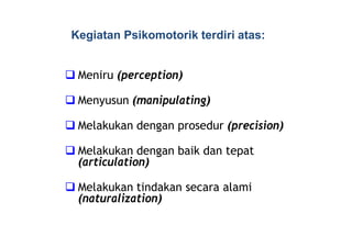 Kegiatan Psikomotorik terdiri atas: 
 Meniru (perception) 
 Menyusun (manipulating) 
 Melakukan dengan prosedur (precision) 
 Melakukan dengan baik dan tepat 
(articulation) 
 Melakukan tindakan secara alami 
(naturalization) 
 