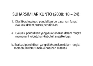 SUHARSIMI ARIKUNTO (2008: 18 – 24): 
1. Klasifikasi evaluasi pendidikan berdasarkan fungsi 
evaluasi dalam proses pendidikan: 
a. Evaluasi pendidikan yang dilaksanakan dalam rangka 
memenuhi kebutuhan-kebutuhan psikologis 
b. Evaluasi pendidikan yang dilaksanakan dalam rangka 
memenuhi kebutuhan-kebutuhan didaktik 
 