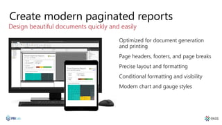 Optimized for document generation
and printing
Page headers, footers, and page breaks
Precise layout and formatting
Conditional formatting and visibility
Modern chart and gauge styles
Create modern paginated reports
Design beautiful documents quickly and easily
 