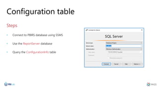 Configuration table
Steps
• Connect to PBIRS database using SSMS
• Use the ReportServer database
• Query the ConfigurationInfo table
 