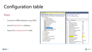 Configuration table
Steps
• Connect to PBIRS database using SSMS
• Use the ReportServer database
• Query the ConfigurationInfo table
 