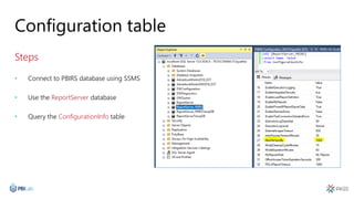 Configuration table
Steps
• Connect to PBIRS database using SSMS
• Use the ReportServer database
• Query the Configuration...