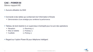 Information confidentielle et/ou propriété de CAE inc.
CAE – POWER BI
Démo rapport #2
▪ Aucune utilisation du DAX
▪ Connecté à des tables qui contiennent de l’information d’Oracle
▪ Démonstration d’une stratégie pour améliorer la performance
▪ Tableau de bord destiné à un superviseur d’entrepôt pour le suivi des opérations
▪ Réception (« Receiving »)
▪ Mise en tablette (« Putaway »)
▪ Cueillette (« Picking »)
▪ Regard sur l’option Power BI pour téléphone intelligent
10
 