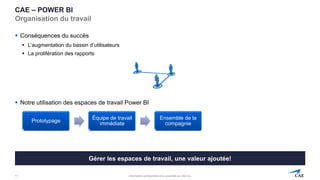Information confidentielle et/ou propriété de CAE inc.
CAE – POWER BI
Organisation du travail
▪ Conséquences du succès
▪ L’augmentation du bassin d’utilisateurs
▪ La prolifération des rapports
▪ Notre utilisation des espaces de travail Power BI
17
Gérer les espaces de travail, une valeur ajoutée!
Prototypage
Équipe de travail
immédiate
Ensemble de la
compagnie
 