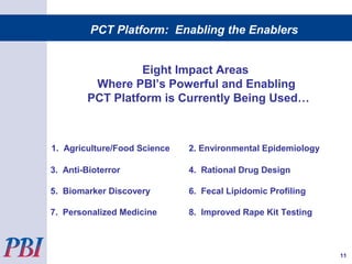 PCT Platform: Enabling the Enablers
Eight Impact Areas
Where PBI’s Powerful and Enabling
PCT Platform is Currently Being Used…
1. Agriculture/Food Science 2. Environmental Epidemiology
3. Anti-Bioterror 4. Rational Drug Design
5. Biomarker Discovery 6. Fecal Lipidomic Profiling
7. Personalized Medicine 8. Improved Rape Kit Testing
11
 