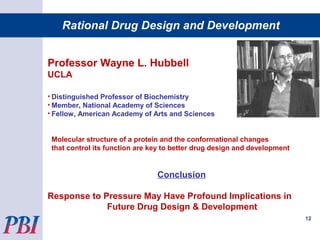 Professor Wayne L. Hubbell
UCLA
• Distinguished Professor of Biochemistry
• Member, National Academy of Sciences
• Fellow, American Academy of Arts and Sciences
Molecular structure of a protein and the conformational changes
that control its function are key to better drug design and development
Conclusion
Response to Pressure May Have Profound Implications in
Future Drug Design & Development
12
Rational Drug Design and Development
 
