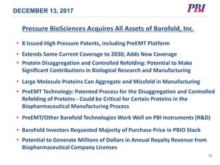 Pressure BioSciences Acquires All Assets of Barofold, Inc.
• 8 Issued High Pressure Patents, including PreEMT Platform
• Extends Some Current Coverage to 2030; Adds New Coverage
• Protein Disaggregation and Controlled Refolding: Potential to Make
Significant Contributions in Biological Research and Manufacturing
• Large Molecule Proteins Can Aggregate and Missfold in Manufacturing
• PreEMT Technology: Patented Process for the Disaggregation and Controlled
Refolding of Proteins - Could be Critical for Certain Proteins in the
Biopharmaceutical Manufacturing Process
• PreEMT/Other Barofold Technologies Work Well on PBI Instruments (R&D)
• BaroFold Investors Requested Majority of Purchase Price in PBIO Stock
• Potential to Generate Millions of Dollars in Annual Royalty Revenue from
Biopharmaceutical Company Licenses
DECEMBER 13, 2017
12
 