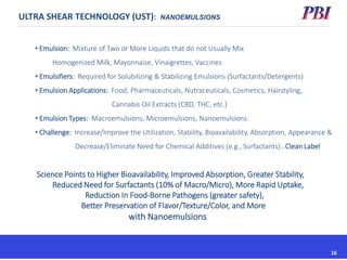 Key Achievements To Date: 2017
ULTRA SHEAR TECHNOLOGY (UST): NANOEMULSIONS
• Emulsion: Mixture of Two or More Liquids that do not Usually Mix
Homogenized Milk, Mayonnaise, Vinaigrettes, Vaccines
• Emulsifiers: Required for Solubilizing & Stabilizing Emulsions (Surfactants/Detergents)
• Emulsion Applications: Food, Pharmaceuticals, Nutraceuticals, Cosmetics, Hairstyling,
Cannabis Oil Extracts (CBD, THC, etc.)
• Emulsion Types: Macroemulsions, Microemulsions, Nanoemulsions
• Challenge: Increase/Improve the Utilization, Stability, Bioavailability, Absorption, Appearance &
Decrease/Eliminate Need for Chemical Additives (e.g., Surfactants)…Clean Label
Science Points to Higher Bioavailability, Improved Absorption, Greater Stability,
Reduced Need for Surfactants (10% of Macro/Micro), More Rapid Uptake,
Reduction In Food-Borne Pathogens (greater safety),
Better Preservation of Flavor/Texture/Color, and More
with Nanoemulsions
2116
 