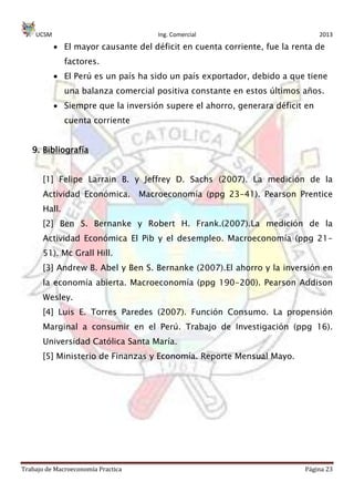 UCSM Ing. Comercial 2013
Trabajo de Macroeconomía Practica Página 23
El mayor causante del déficit en cuenta corriente, fue la renta de
factores.
El Perú es un país ha sido un país exportador, debido a que tiene
una balanza comercial positiva constante en estos últimos años.
Siempre que la inversión supere el ahorro, generara déficit en
cuenta corriente
9. Bibliografía
[1] Felipe Larrain B. y Jeffrey D. Sachs (2007). La medición de la
Actividad Económica. Macroeconomía (ppg 23-41). Pearson Prentice
Hall.
[2] Ben S. Bernanke y Robert H. Frank.(2007).La medición de la
Actividad Económica El Pib y el desempleo. Macroeconomía (ppg 21-
51). Mc Grall Hill.
[3] Andrew B. Abel y Ben S. Bernanke (2007).El ahorro y la inversión en
la economía abierta. Macroeconomía (ppg 190-200). Pearson Addison
Wesley.
[4] Luis E. Torres Paredes (2007). Función Consumo. La propensión
Marginal a consumir en el Perú. Trabajo de Investigación (ppg 16).
Universidad Católica Santa María.
[5] Ministerio de Finanzas y Economía. Reporte Mensual Mayo.
 