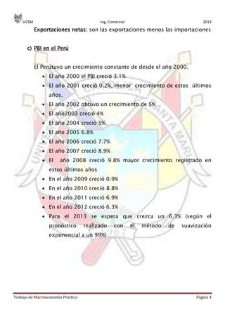 UCSM Ing. Comercial 2013
Trabajo de Macroeconomía Practica Página 4
Exportaciones netas: son las exportaciones menos las importaciones
c) PBI en el Perú
El Perútuvo un crecimiento constante de desde el año 2000.
El año 2000 el PBI creció 3.1%
El año 2001 creció 0.2%, menor crecimiento de estos últimos
años.
El año 2002 obtuvo un crecimiento de 5%
El año2003 creció 4%
El año 2004 creció 5%
El año 2005 6.8%
El año 2006 creció 7.7%
El año 2007 creció 8.9%
El año 2008 creció 9.8% mayor crecimiento registrado en
estos últimos años
En el año 2009 creció 0.9%
En el año 2010 creció 8.8%
En el año 2011 creció 6.9%
En el año 2012 creció 6.3%
Para el 2013 se espera que crezca un 6.3% (según el
pronóstico realizado con el método de suavización
exponencial a un 99%)
 