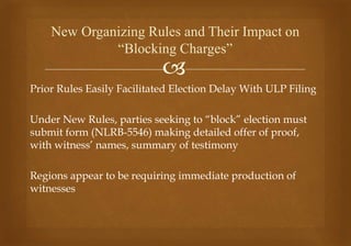 
Prior Rules Easily Facilitated Election Delay With ULP Filing
Under New Rules, parties seeking to “block” election must
submit form (NLRB-5546) making detailed offer of proof,
with witness’ names, summary of testimony
Regions appear to be requiring immediate production of
witnesses
New Organizing Rules and Their Impact on
“Blocking Charges”
 