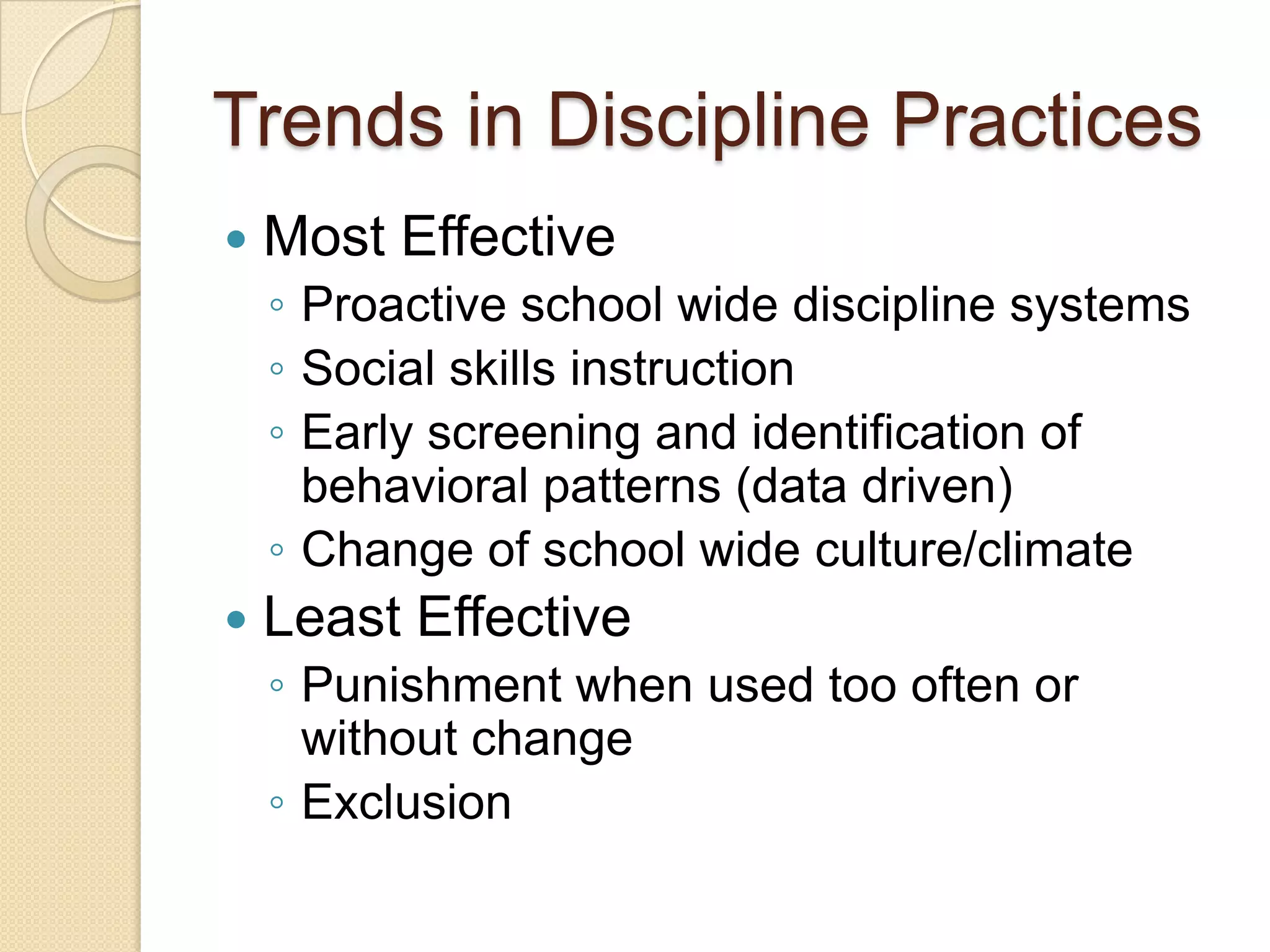 Trends in Discipline PracticesMost EffectiveProactive school wide discipline systemsSocial skills instructionEarly screening and identification of behavioral patterns (data driven)Change of school wide culture/climateLeast EffectivePunishment when used too often or without changeExclusion