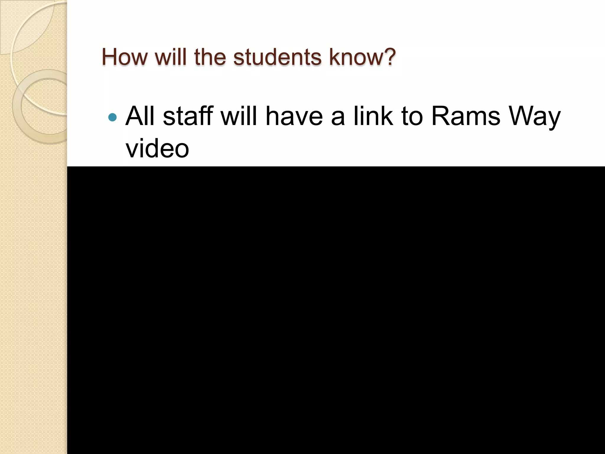 How will the students know?All staff will have a link to Rams Way video 