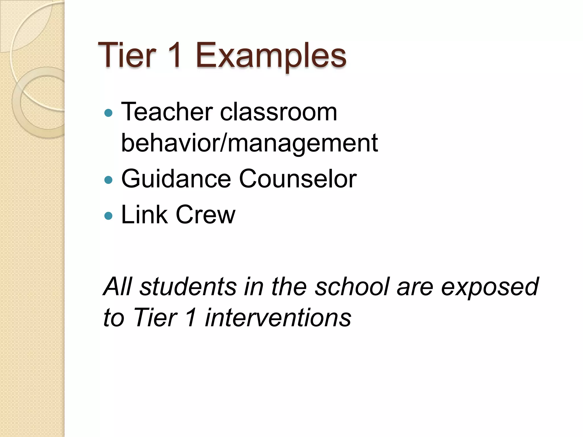 Tier 1 ExamplesTeacher classroom behavior/management Guidance CounselorLink CrewAll students in the school are exposed to Tier 1 interventions 