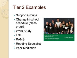 Tier 2 Examples
   Support Groups
   Change in school
    schedule (class
    order)
   Work Study
   ESL
   RAMS
   Reading Specialist
   Peer Mediation
 