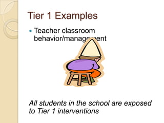 Tier 1 Examples
   Teacher classroom
    behavior/management




All students in the school are exposed
to Tier 1 interventions
 
